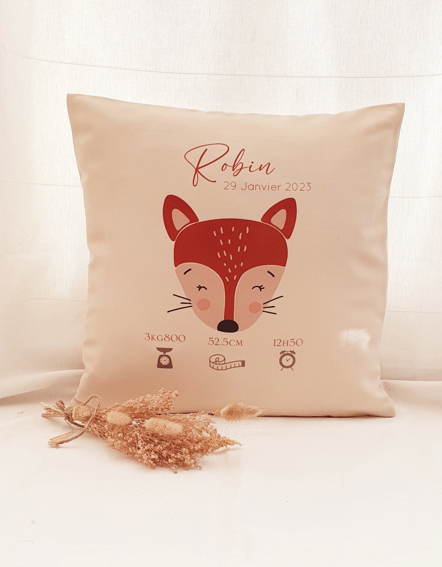 Coussin personnalisé | coussin de naissance | cadeau de naissance | coussin bébé | enfant | tête de renard | renard | animaux forêt