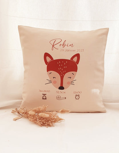 Coussin personnalisé | coussin de naissance | cadeau de naissance | coussin bébé | enfant | tête de renard | renard | animaux forêt