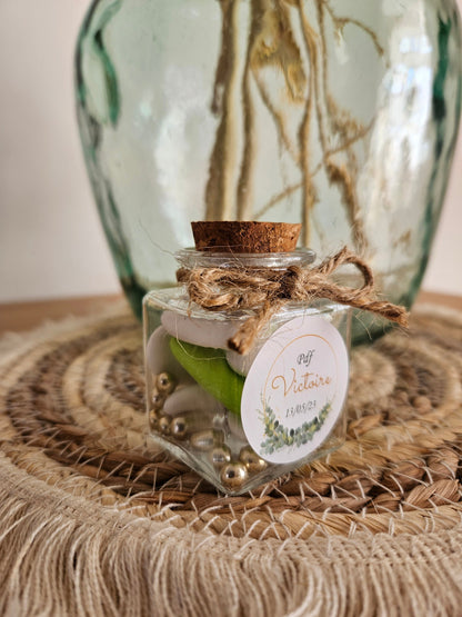 Pot à dragées carré et bouchon liège personnalisée | cadeau invité / mariage, anniversaire, baptême , pacs, bébé, naissance