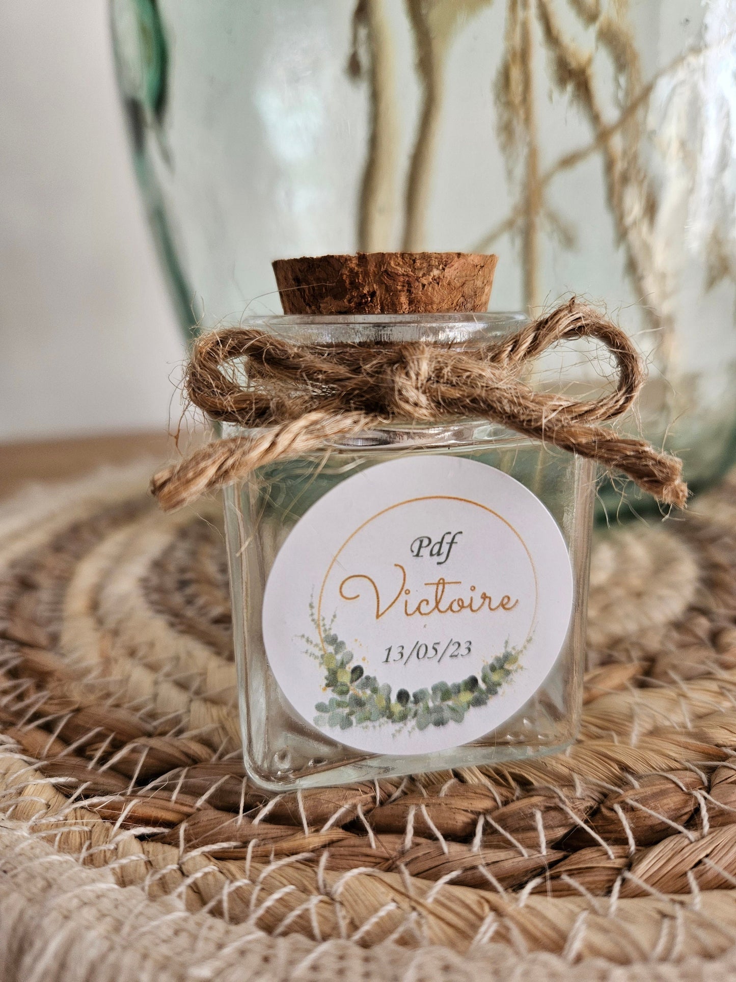 Pot à dragées carré et bouchon liège personnalisée | cadeau invité / mariage, anniversaire, baptême , pacs, bébé, naissance