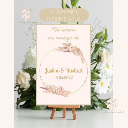 Affiche de bienvenue - Mariage - baptême, anniversaire, panneau bienvenue , Evènements- A imprimer A3 ou A4 - Personnalisable PDF