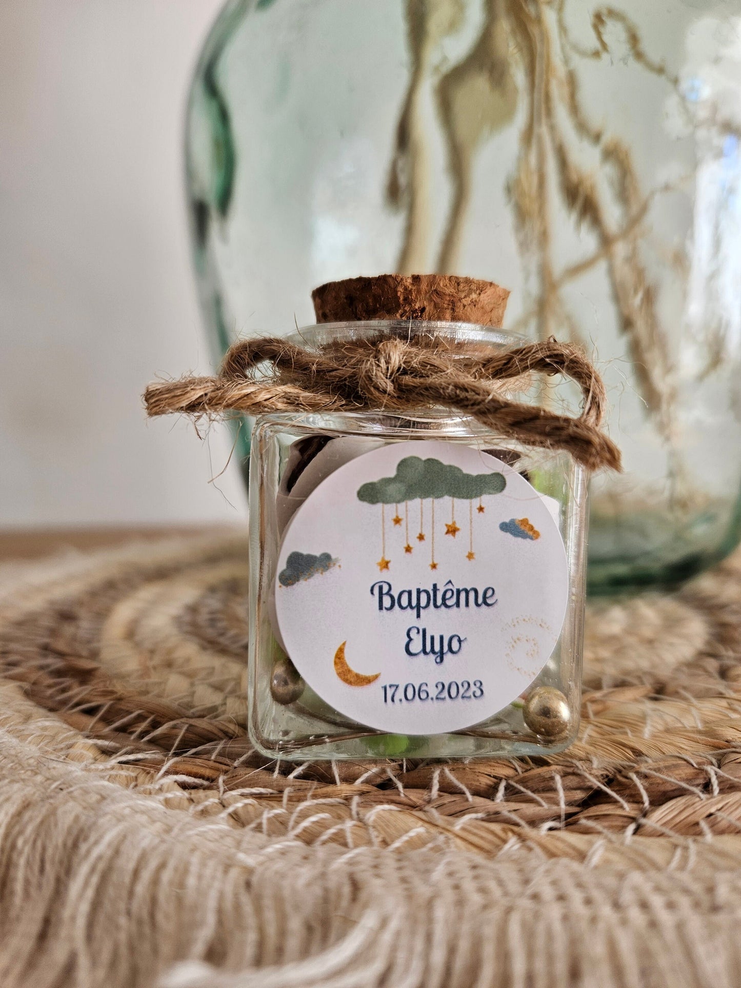Pot à dragées carré et bouchon liège personnalisée | cadeau invité / mariage, anniversaire, baptême , pacs, bébé, naissance