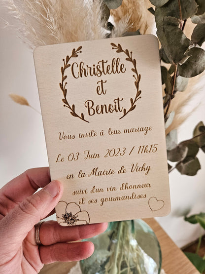 Faire part mariage en bois | Invitation baptême anniversaire bois | champêtre | floral | faire part
