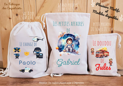 Sac à dos / à doudou/ sac de change / école enfant maternelle rentrée des classes pompier police dino astronaute garcon pirate jungle pochon