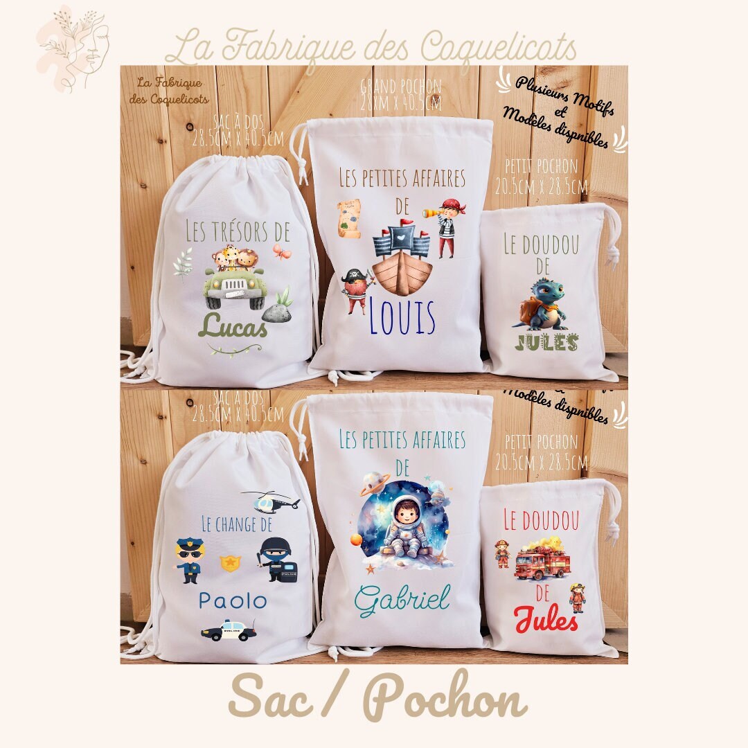 Sac à dos / à doudou/ sac de change / école enfant maternelle rentrée des classes pompier police dino astronaute garcon pirate jungle pochon