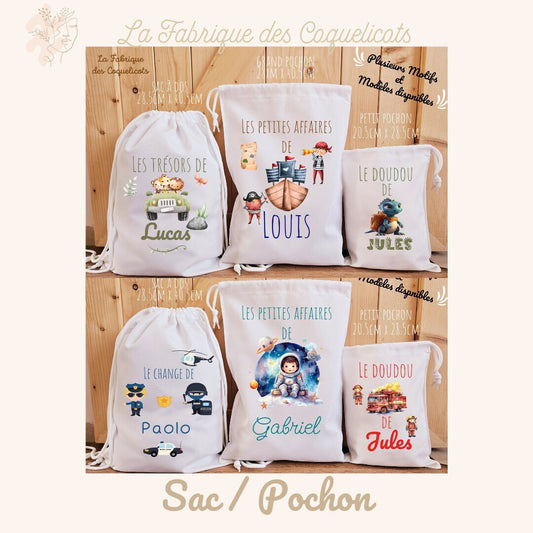 Sac à dos / à doudou/ sac de change / école enfant maternelle rentrée des classes pompier police dino astronaute garcon pirate jungle pochon
