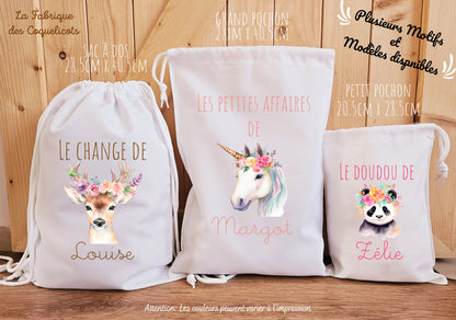 Sac à dos / à doudou / sac de change / école enfant maternelle rentrée des classes Animaux fleurs