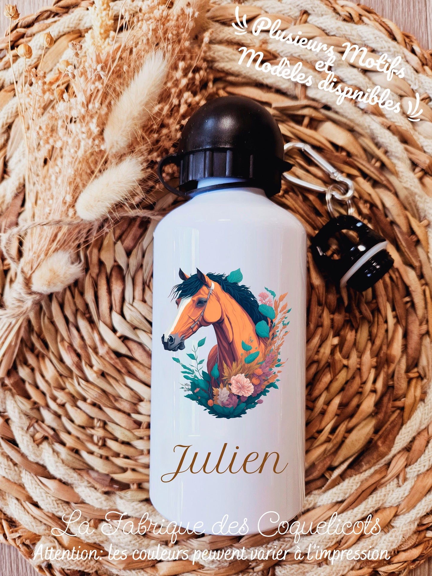 Gourde personnalisé | Gourde enfant | Rentrée des classes | cadeau personnalisé | animaux | fille | garcon | chevaux | cheval | noir & blanc