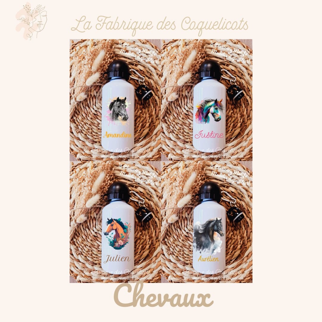 Gourde personnalisé | Gourde enfant | Rentrée des classes | cadeau personnalisé | animaux | fille | garcon | chevaux | cheval | noir & blanc