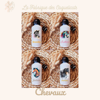 Gourde personnalisé | Gourde enfant | Rentrée des classes | cadeau personnalisé | animaux | fille | garcon | chevaux | cheval | noir & blanc