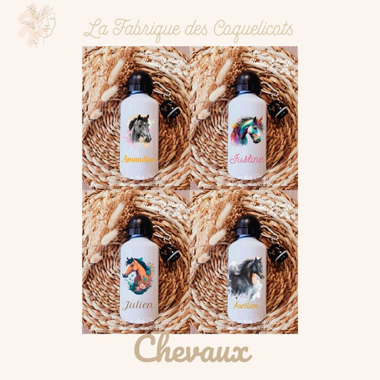 Gourde personnalisé | Gourde enfant | Rentrée des classes | cadeau personnalisé | animaux | fille | garcon | chevaux | cheval | noir & blanc