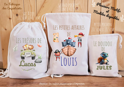 Sac à dos / à doudou/ sac de change / école enfant maternelle rentrée des classes pompier police dino astronaute garcon pirate jungle pochon