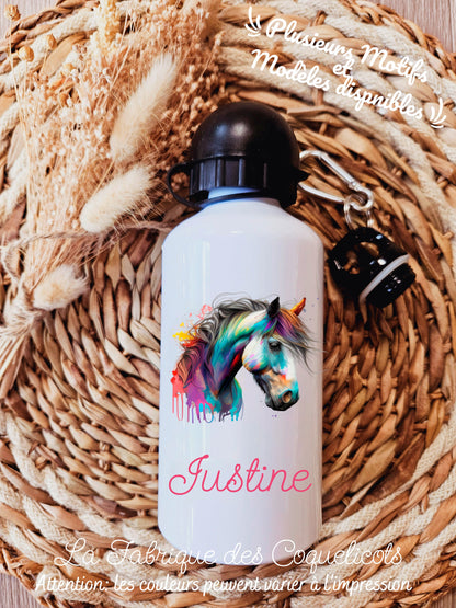 Gourde personnalisé | Gourde enfant | Rentrée des classes | cadeau personnalisé | animaux | fille | garcon | chevaux | cheval | noir & blanc