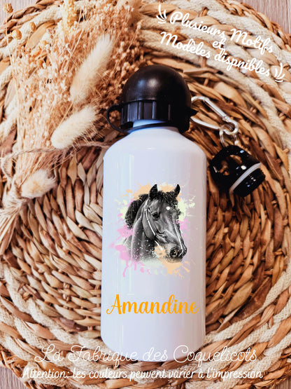 Gourde personnalisé | Gourde enfant | Rentrée des classes | cadeau personnalisé | animaux | fille | garcon | chevaux | cheval | noir & blanc