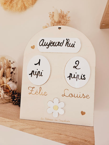 Tableau de décompte / propreté enfant bébé / activité jeux Montessori compter jouet jumeau jumelle activité enfant / personnalisé / prénom