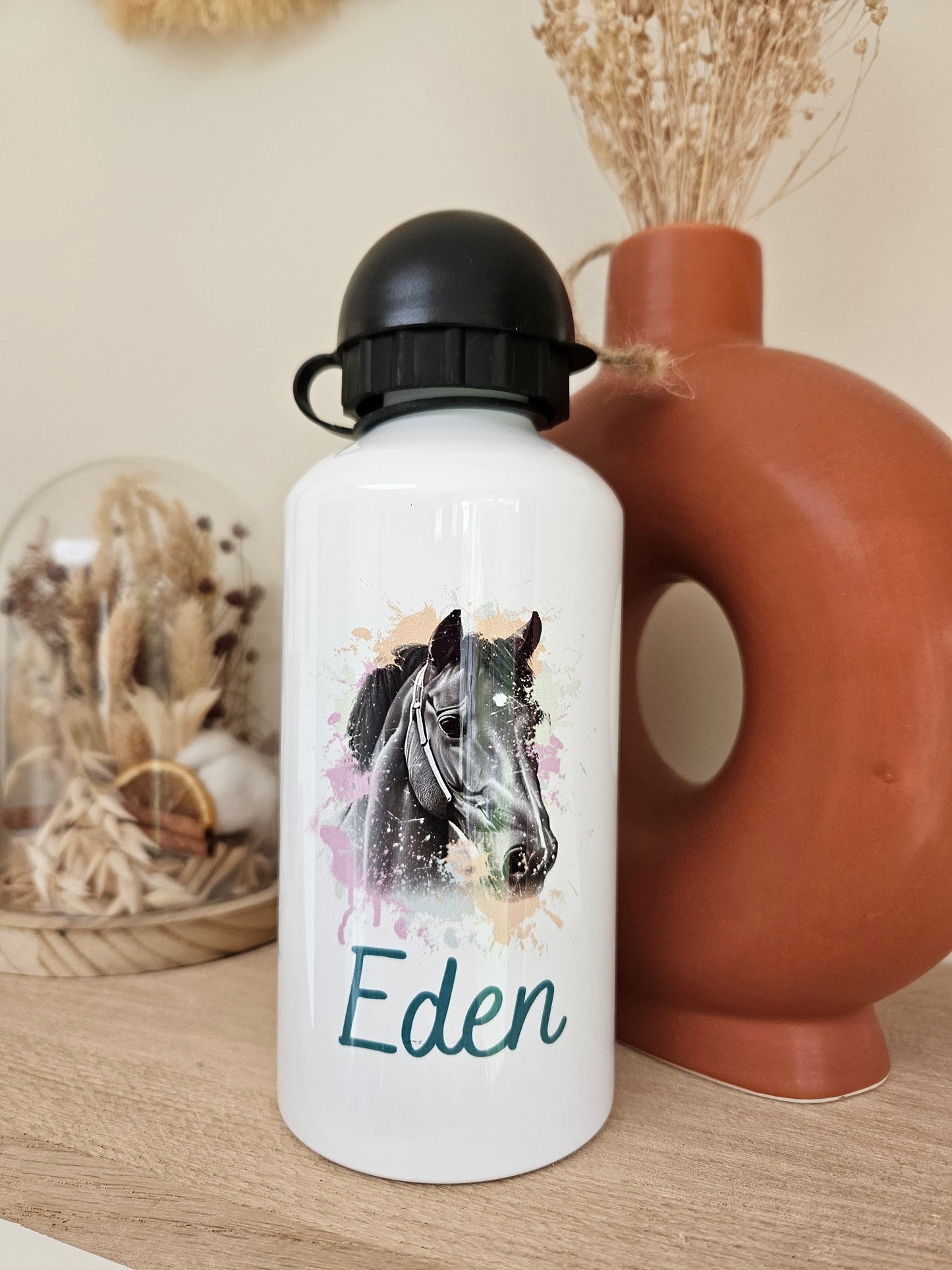 Gourde personnalisé | Gourde enfant | Rentrée des classes | cadeau personnalisé | animaux | fille | garcon | chevaux | cheval | noir & blanc