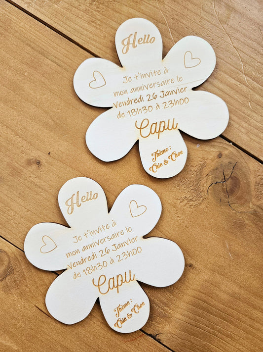 Faire part / invitation fleur marguerite / mariage bapteme cadeau invité anniversaire / baby shower / fille / invitation personnalisé bois
