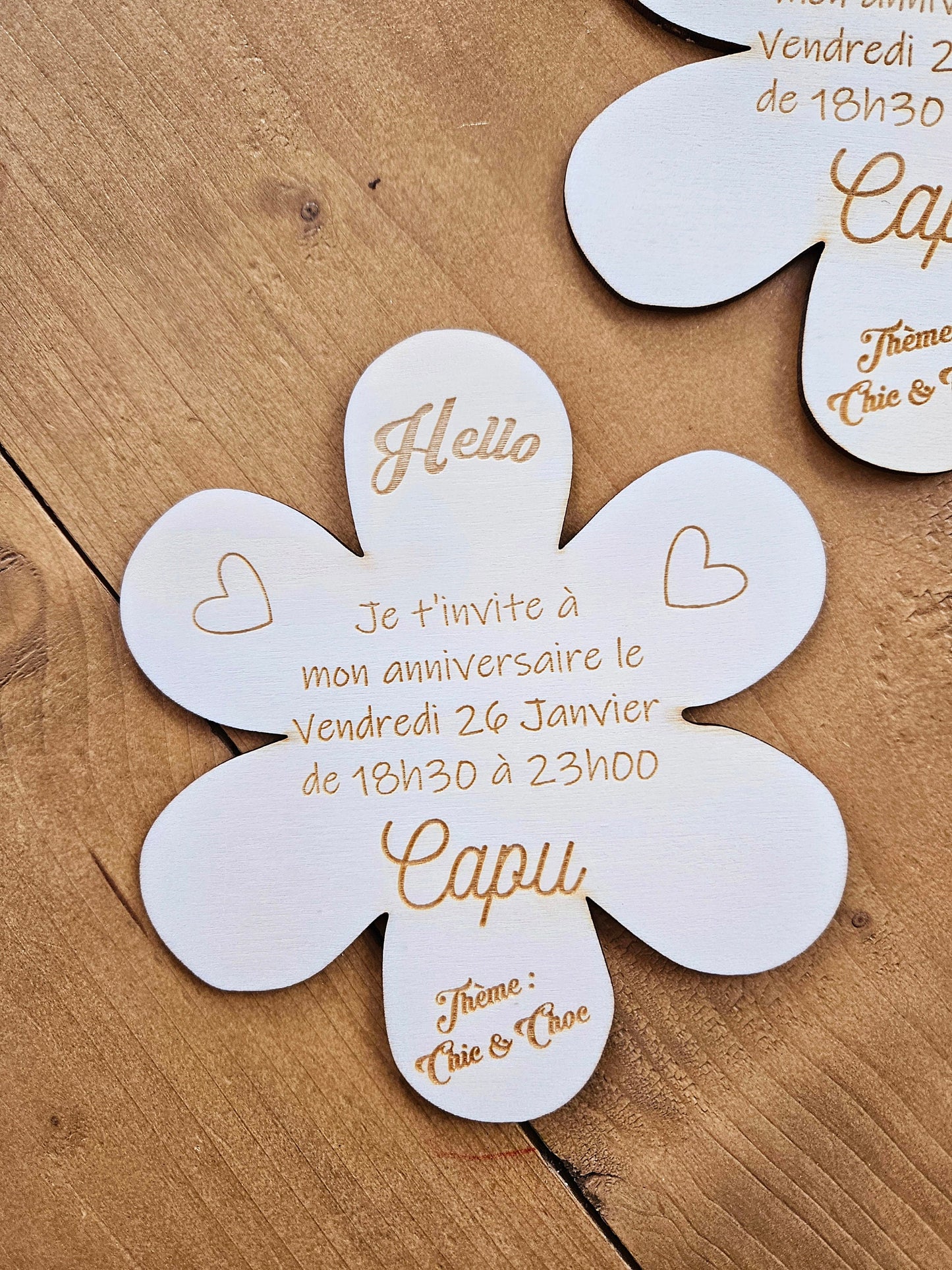 Faire part / invitation fleur marguerite / mariage bapteme cadeau invité anniversaire / baby shower / fille / invitation personnalisé bois