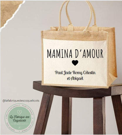 Sac cabas personnalisé - sac de course - sac jute coton femme nounou mamie fete des mères fetes des mamies