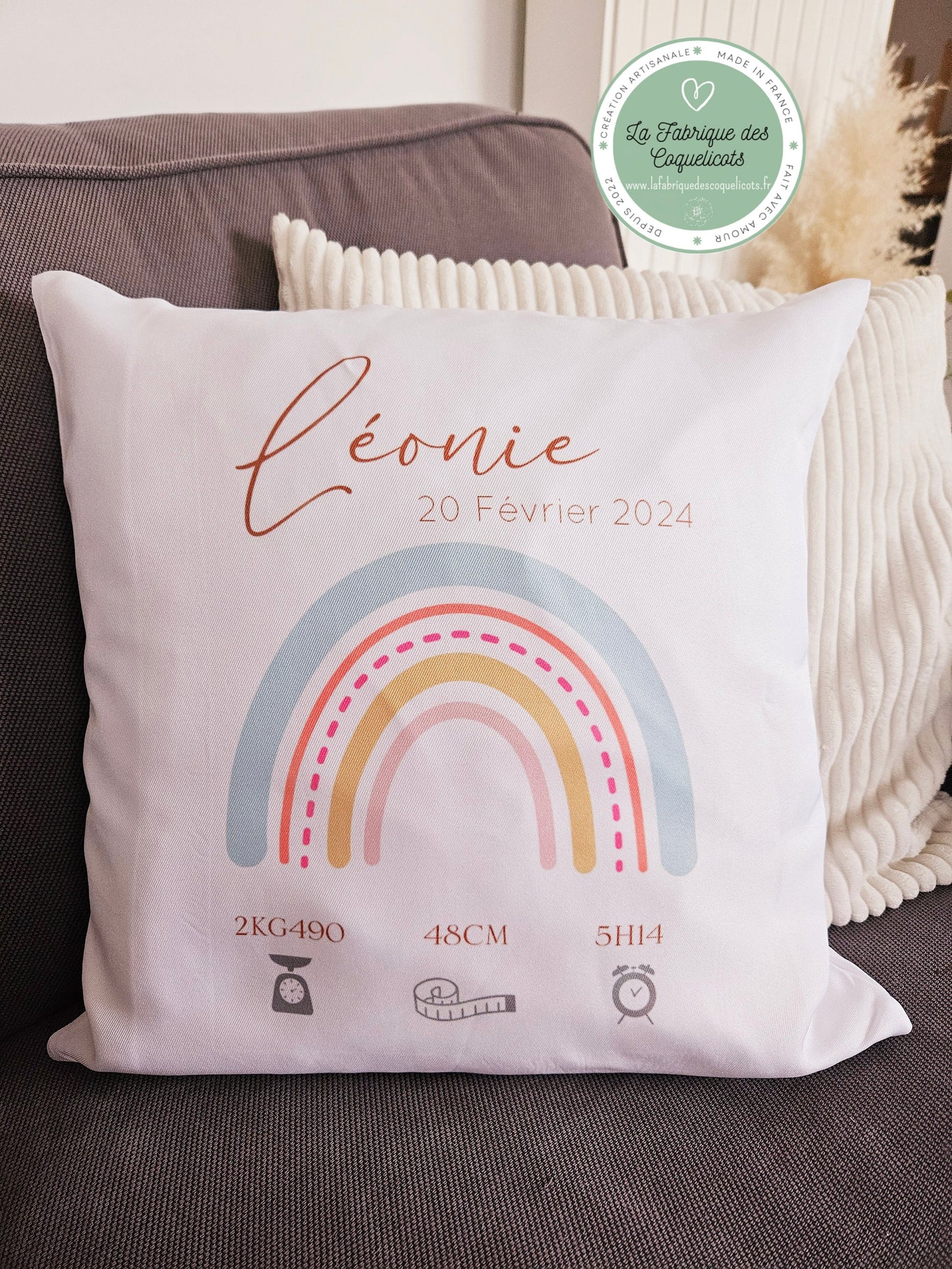 Coussin personnalisé | coussin de naissance | cadeau de naissance | coussin bébé | enfant | Arc en ciel