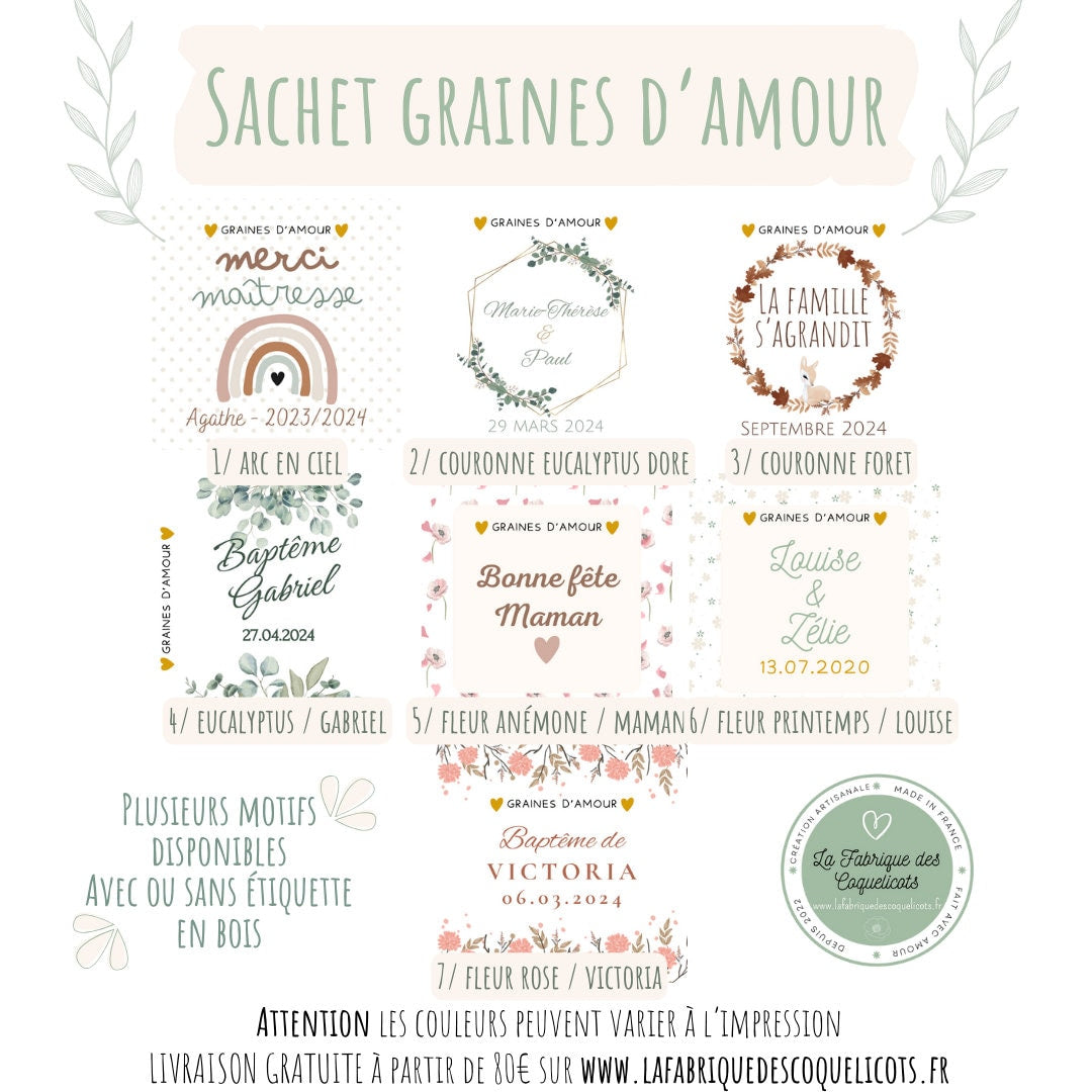 Sachet de graine de fleur et d'amour à planter - personnalisé - cadeau invité - maîtresse - mariage - témoin - baptême mamie maman papa fête