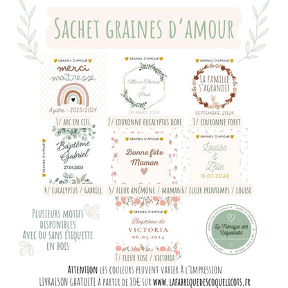 Sachet de graine de fleur et d'amour à planter - personnalisé - cadeau invité - maîtresse - mariage - témoin - baptême mamie maman papa fête