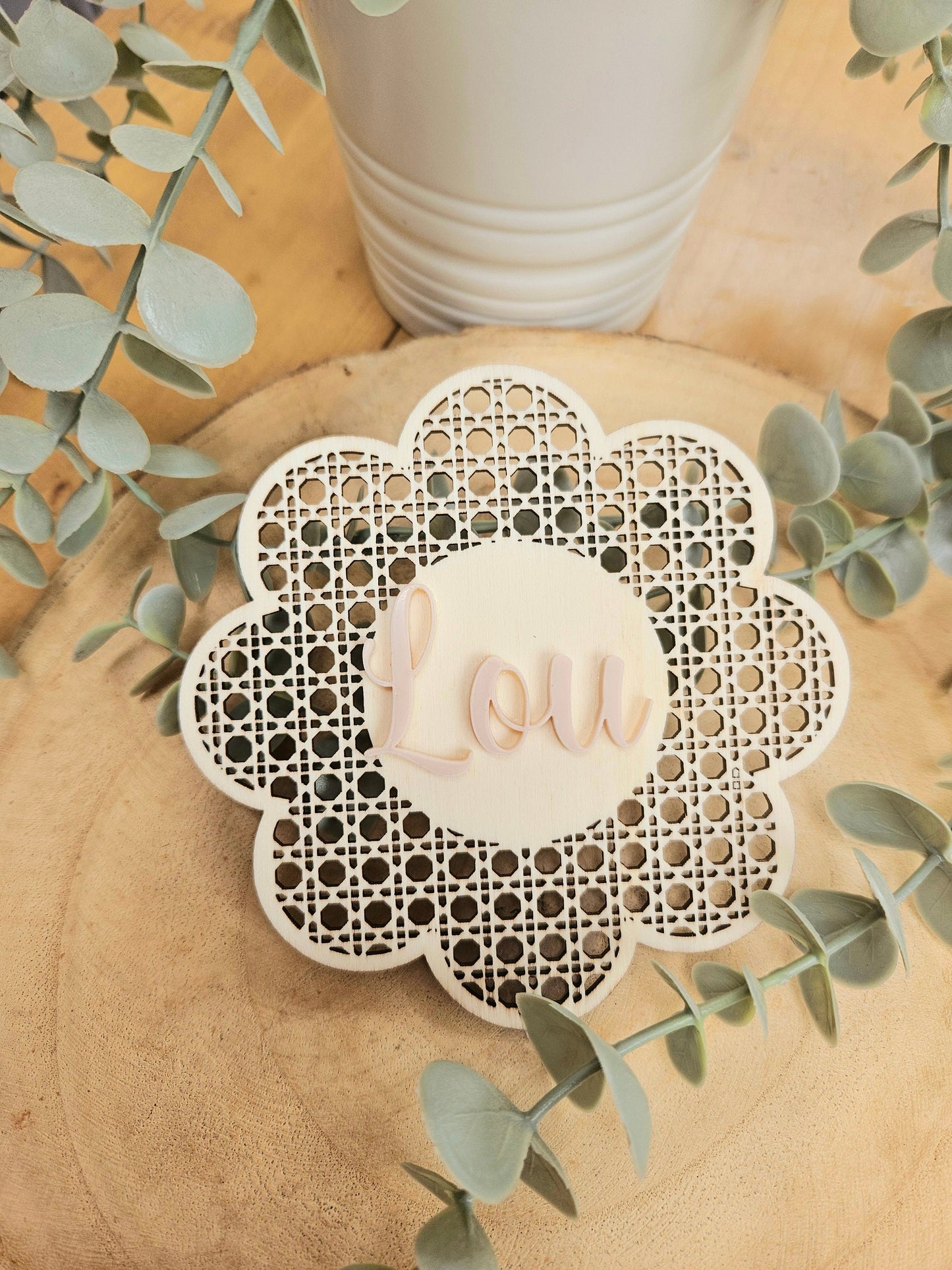 Carte bienvenue / prénom cannage bébé bois personnalisés |   | naissance | bienvenue | fleur cannage | déco chambre bébé