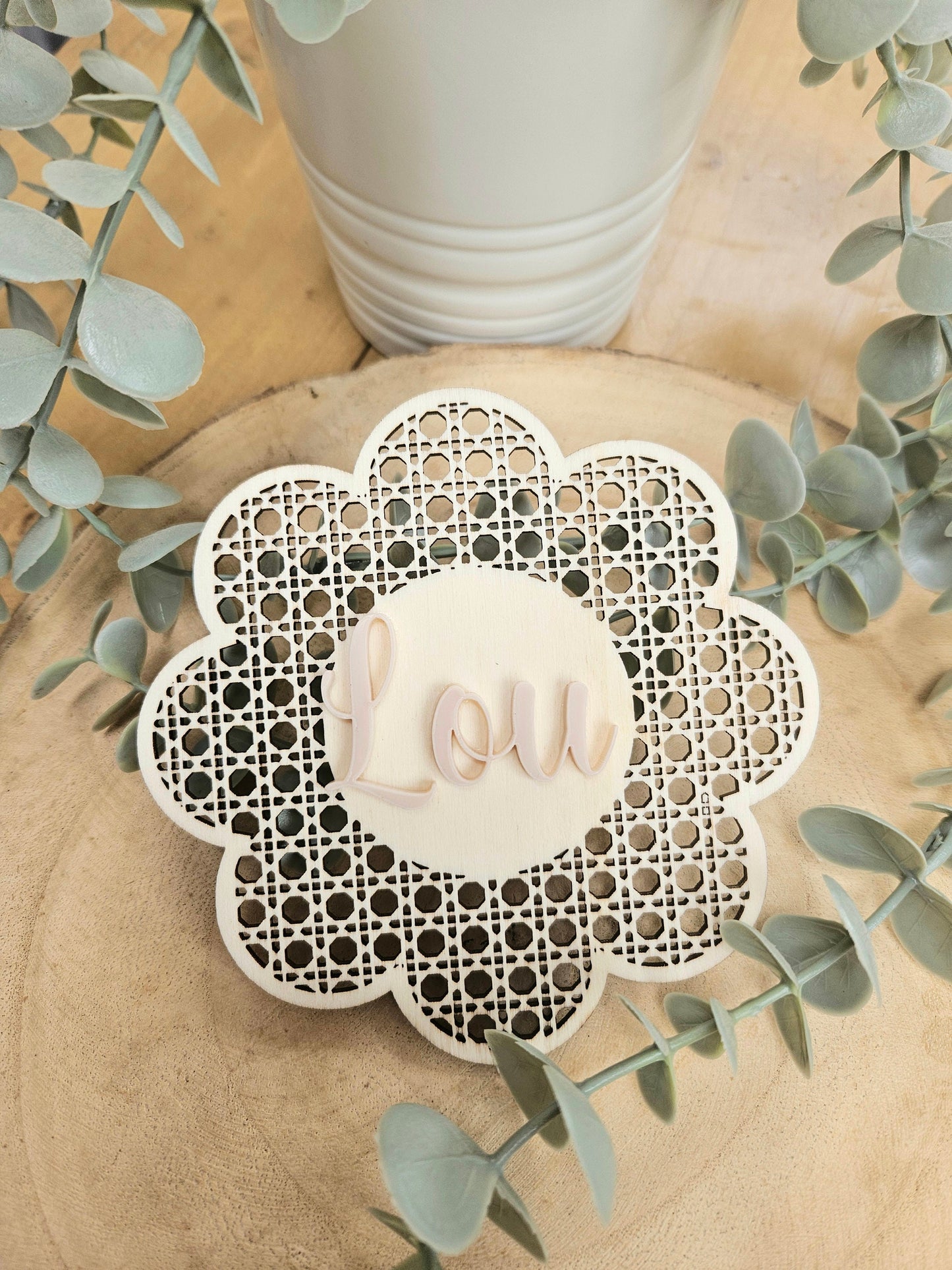 Carte bienvenue / prénom cannage bébé bois personnalisés |   | naissance | bienvenue | fleur cannage | déco chambre bébé