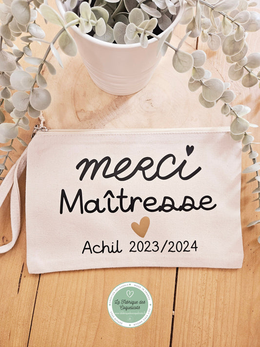 Trousse coton personnalisé MERCI / MAITRESSE Atsem NOUNOU / cadeau maitresse  / trousse coton / cadeau femme /école / fin d'année scolaire