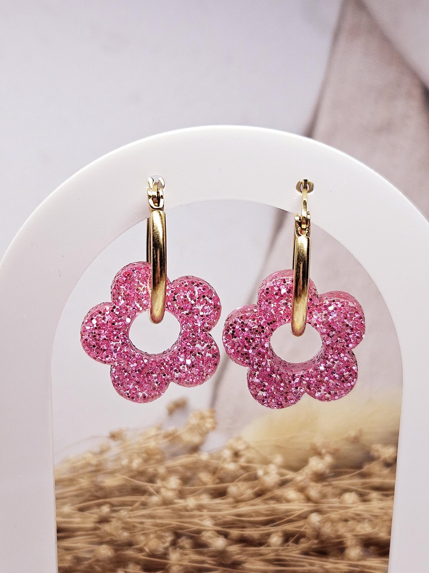 Boucles oreilles ZELIE  interchangeables fleur PAMPILLE / créole femme en Acier Inoxydable - rose clair paillette