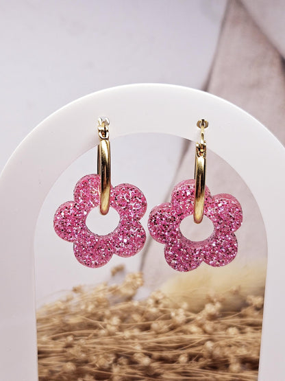 Boucles oreilles ZELIE  interchangeables fleur PAMPILLE / créole femme en Acier Inoxydable - rose clair paillette