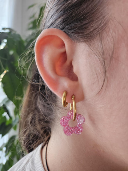 Boucles oreilles ZELIE  interchangeables fleur PAMPILLE / créole femme en Acier Inoxydable - rose clair paillette