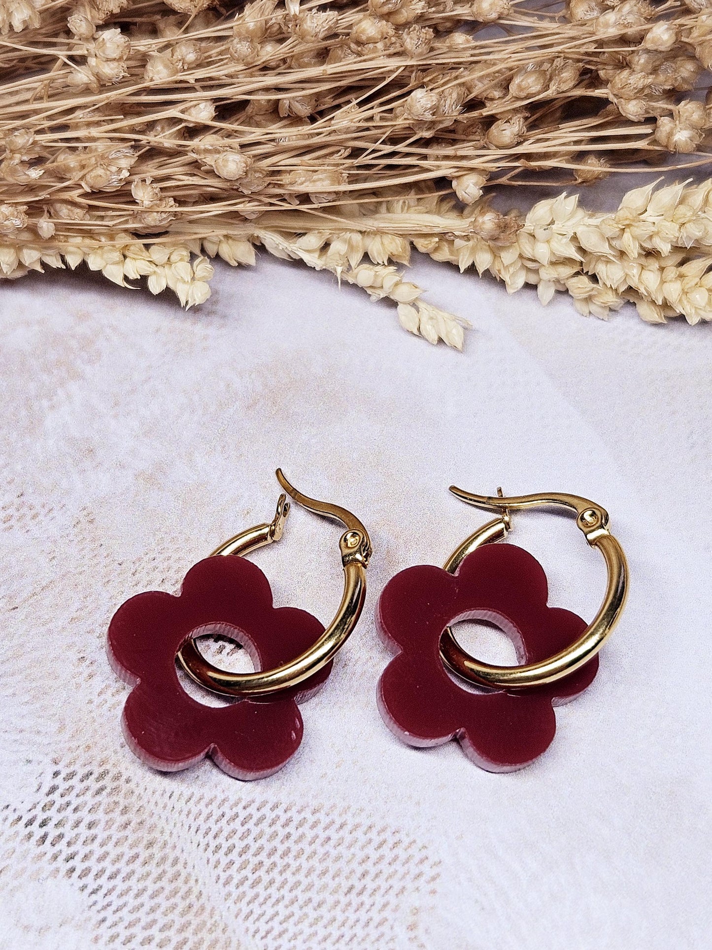 Boucles oreilles ZELIE  interchangeables fleur PAMPILLE / créole femme en Acier Inoxydable - rouge cerise
