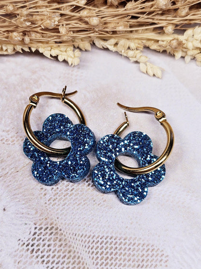 Boucles oreilles ZELIE  interchangeables fleur PAMPILLE / créole femme en Acier Inoxydable - bleu paillette