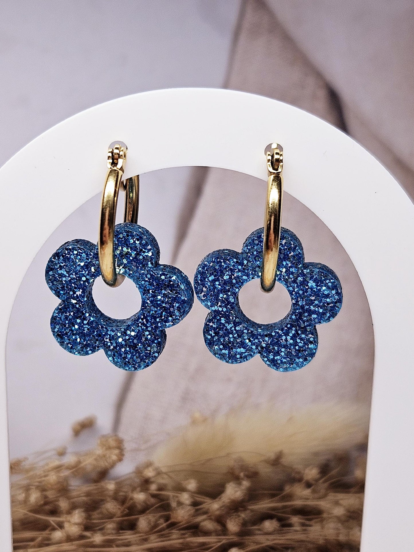 Boucles oreilles ZELIE  interchangeables fleur PAMPILLE / créole femme en Acier Inoxydable - bleu paillette