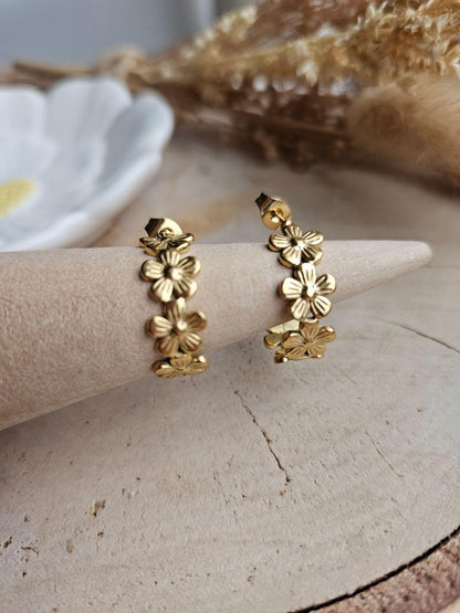 Boucles oreilles DEMI CREOLE fleur doré - boucle oreille puce doré chat / enfant femme en Acier Inoxydable pour femme  Enfant / creole fleur