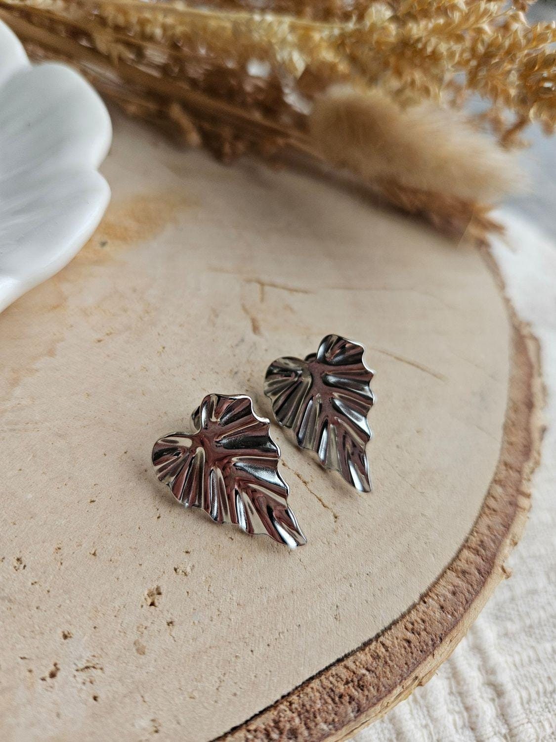 Boucles oreilles LEAF ARGENTÉ - boucle oreille puce doré chat / enfant femme en Acier Inoxydable pour femme  Enfant / feuille argenté