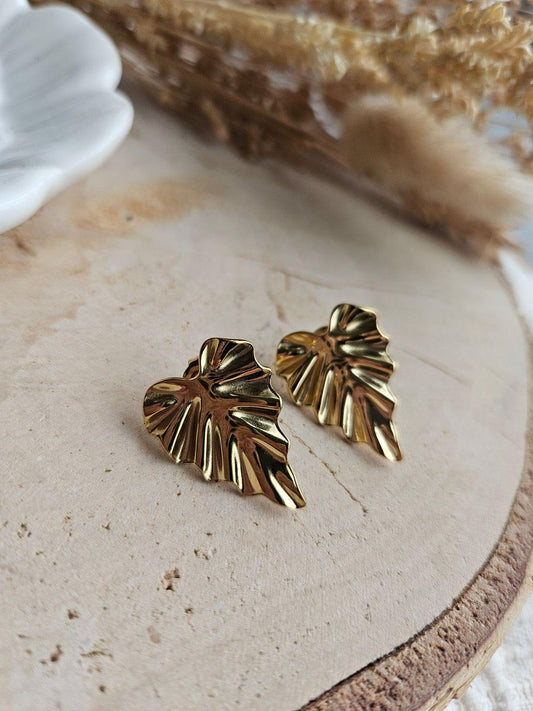 Boucles oreilles LEAF DORÉ - boucle oreille puce doré chat / enfant femme en Acier Inoxydable pour femme  Enfant / feuille doré