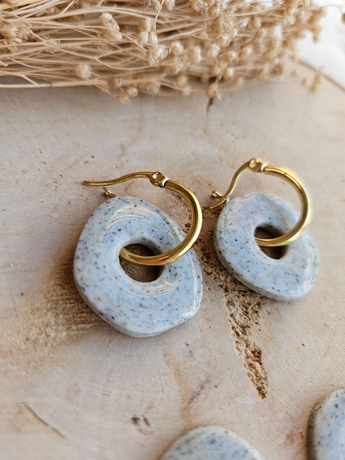 Boucles oreilles DONUT GRANIT interchangeables fleur PAMPILLE granit gris/ créole femme en Acier Inoxydable pour fait main / femme