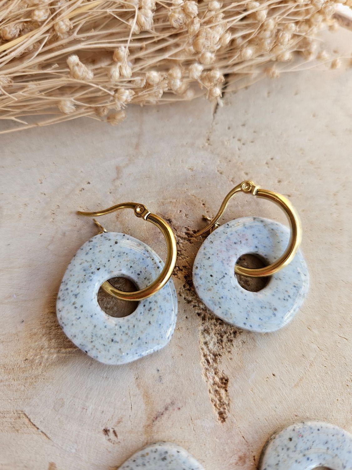 Boucles oreilles DONUT GRANIT interchangeables fleur PAMPILLE granit gris/ créole femme en Acier Inoxydable pour fait main / femme