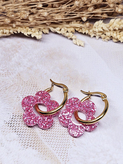 Boucles oreilles ZELIE  interchangeables fleur PAMPILLE / créole femme en Acier Inoxydable - rose clair paillette