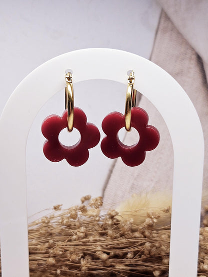 Boucles oreilles ZELIE  interchangeables fleur PAMPILLE / créole femme en Acier Inoxydable - rouge cerise