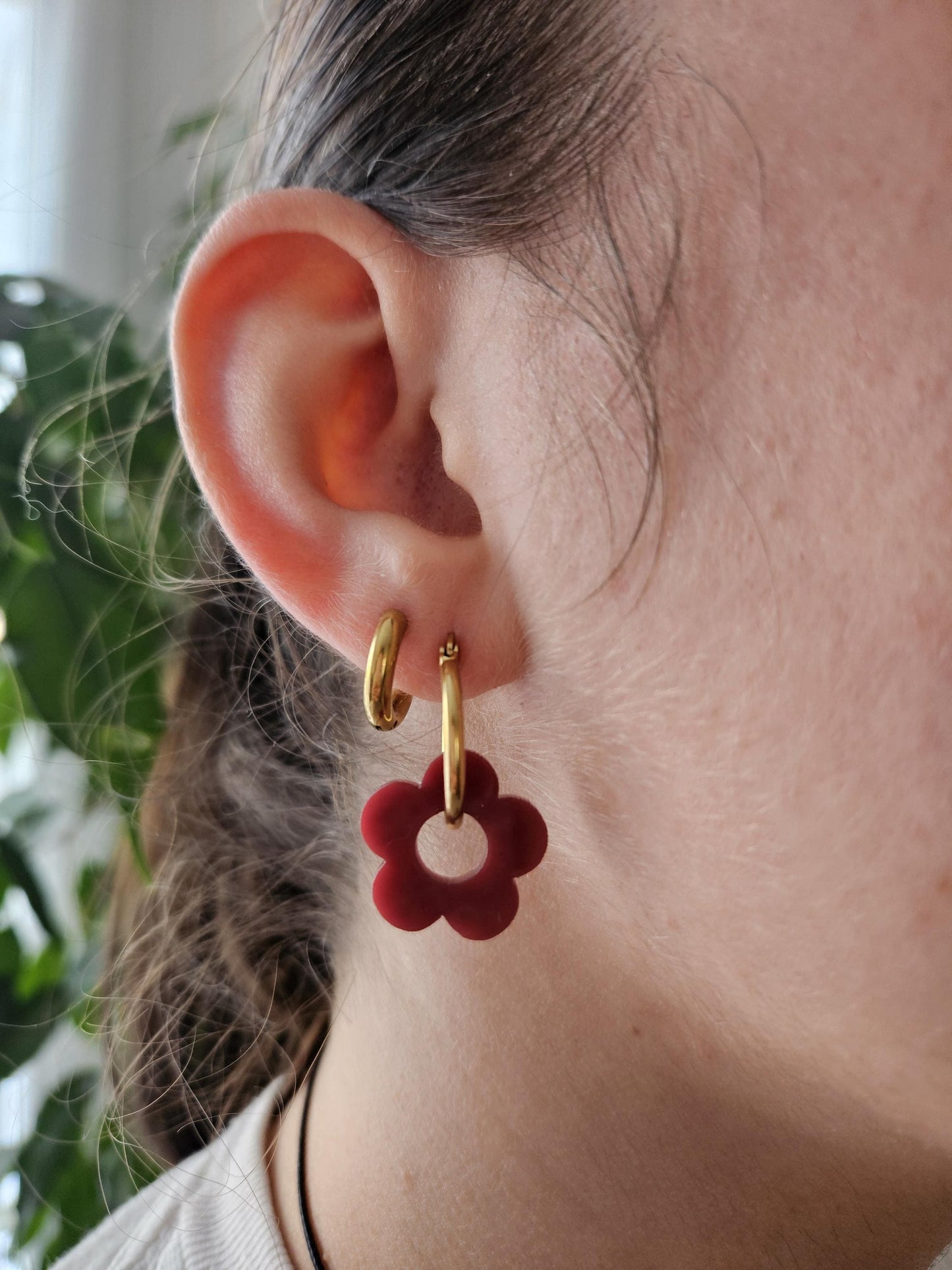 Boucles oreilles ZELIE  interchangeables fleur PAMPILLE / créole femme en Acier Inoxydable - rouge cerise