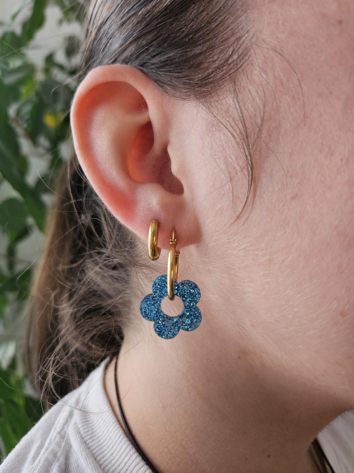 Boucles oreilles ZELIE  interchangeables fleur PAMPILLE / créole femme en Acier Inoxydable - bleu paillette