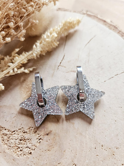 Boucles oreilles STAR interchangeables fleur PAMPILLE / créole femme en Acier Inoxydable - Argent pailleté