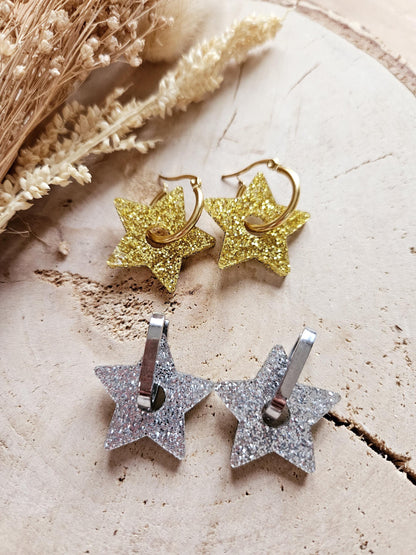 Boucles oreilles STAR interchangeables fleur PAMPILLE / créole femme en Acier Inoxydable - Argent pailleté