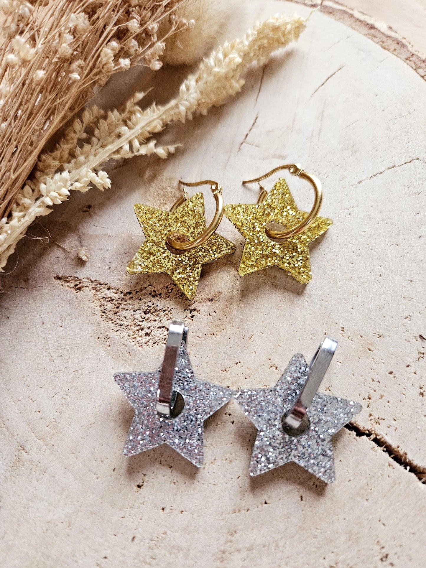 Boucles oreilles STAR interchangeables fleur PAMPILLE / créole femme en Acier Inoxydable - Argent pailleté