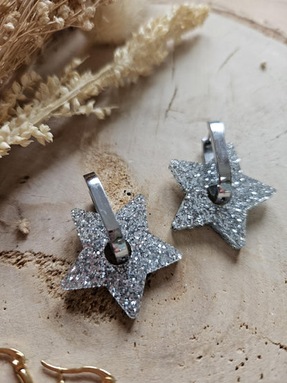 Boucles oreilles STAR interchangeables fleur PAMPILLE / créole femme en Acier Inoxydable - Argent pailleté