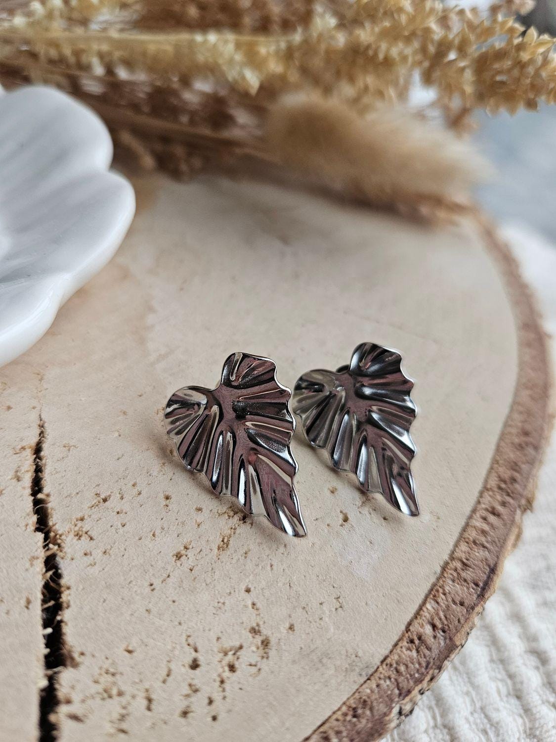 Boucles oreilles LEAF ARGENTÉ - boucle oreille puce doré chat / enfant femme en Acier Inoxydable pour femme  Enfant / feuille argenté