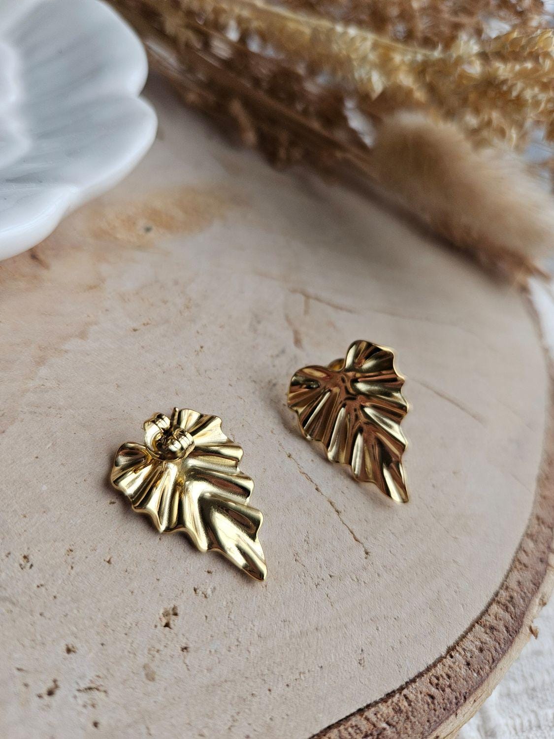 Boucles oreilles LEAF DORÉ - boucle oreille puce doré chat / enfant femme en Acier Inoxydable pour femme  Enfant / feuille doré